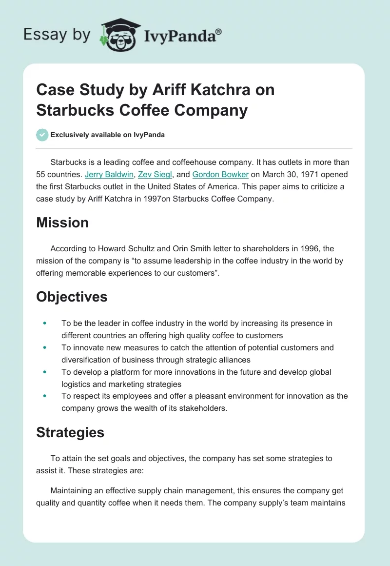 Case Study by Ariff Katchra on Starbucks Coffee Company. Page 1