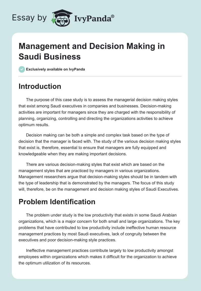 Management and Decision Making in Saudi Business. Page 1