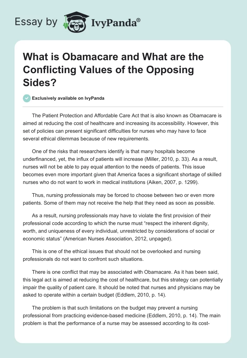 What is "Obamacare" and What are the Conflicting Values of the Opposing Sides?. Page 1