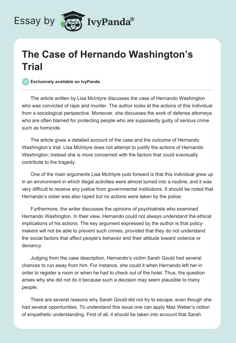 The Case of Hernando Washington’s Trial. Page 1