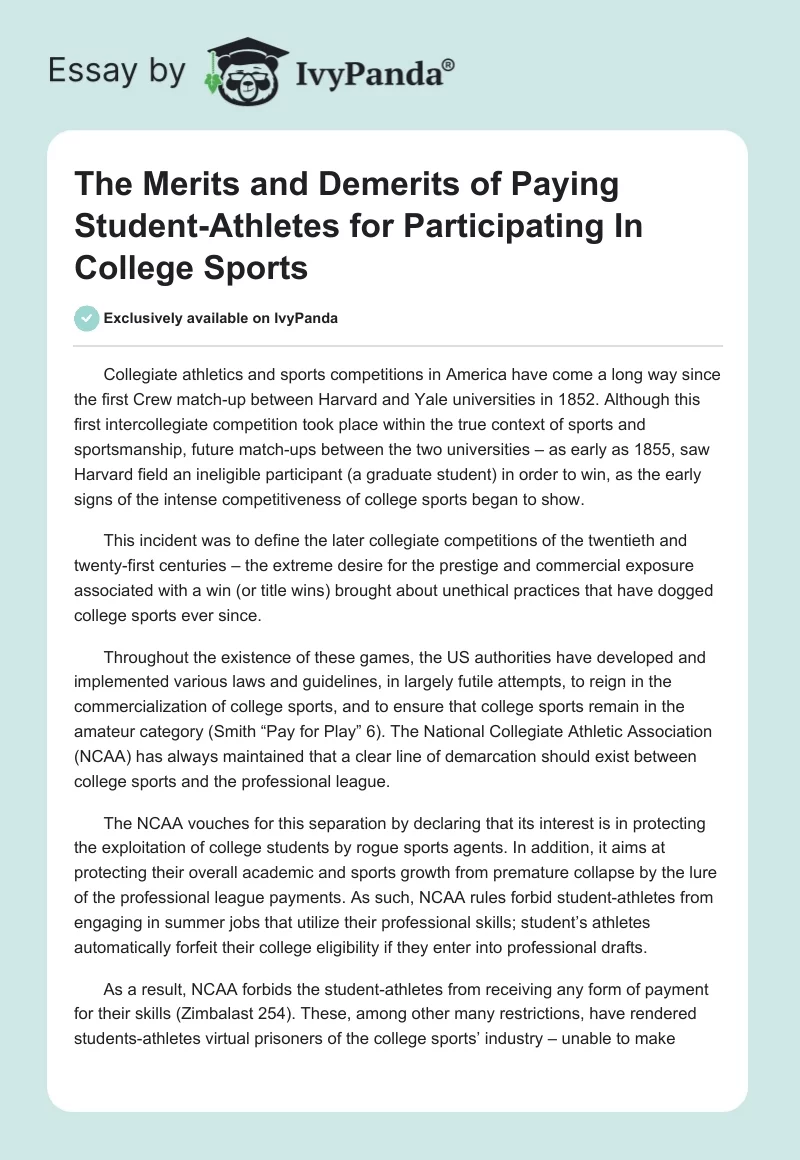The Merits and Demerits of Paying Student-Athletes for Participating In College Sports. Page 1