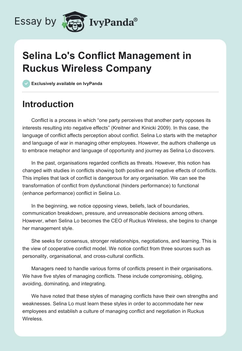 Selina Lo's Conflict Management in Ruckus Wireless Company. Page 1