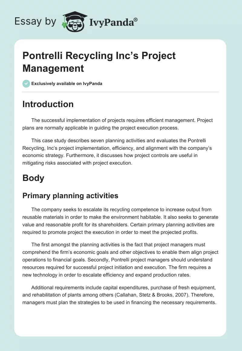 Pontrelli Recycling Inc’s Project Management. Page 1