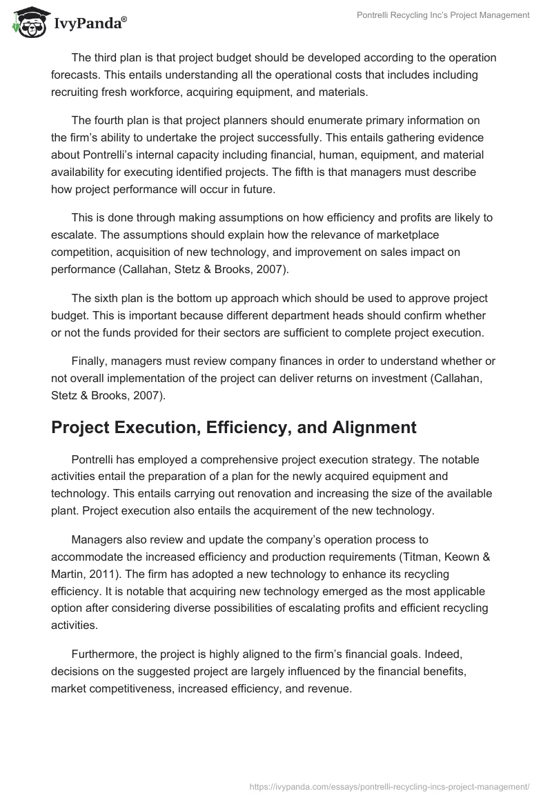 Pontrelli Recycling Inc’s Project Management. Page 2