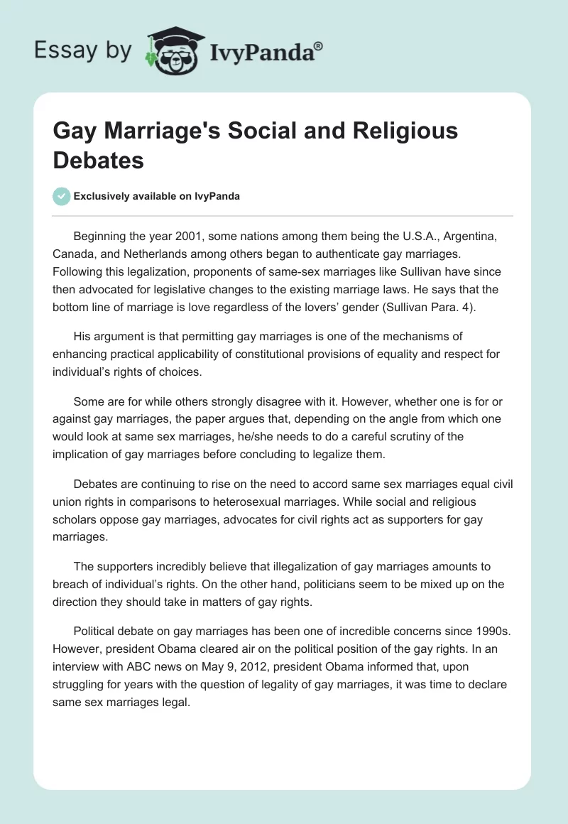 Gay Marriage's Social and Religious Debates. Page 1