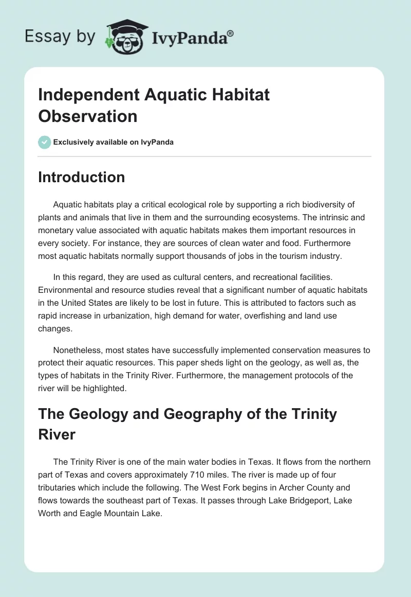 Independent Aquatic Habitat Observation. Page 1