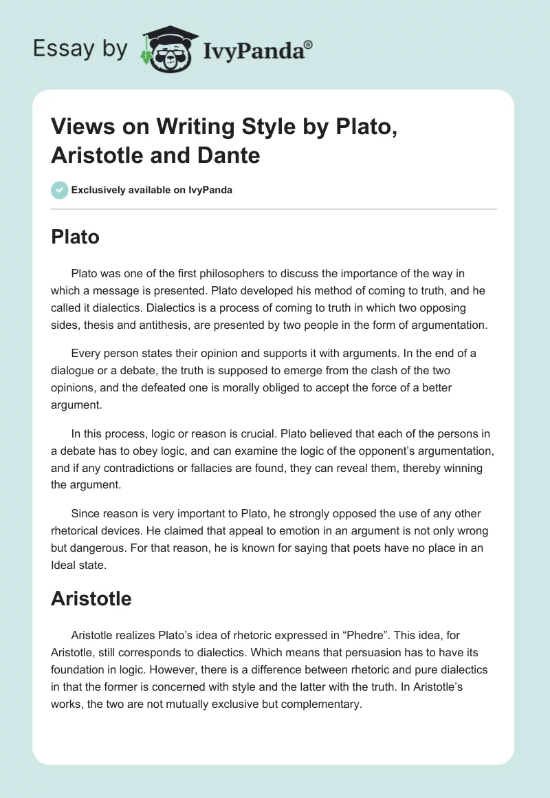 Views on Writing Style by Plato, Aristotle and Dante. Page 1