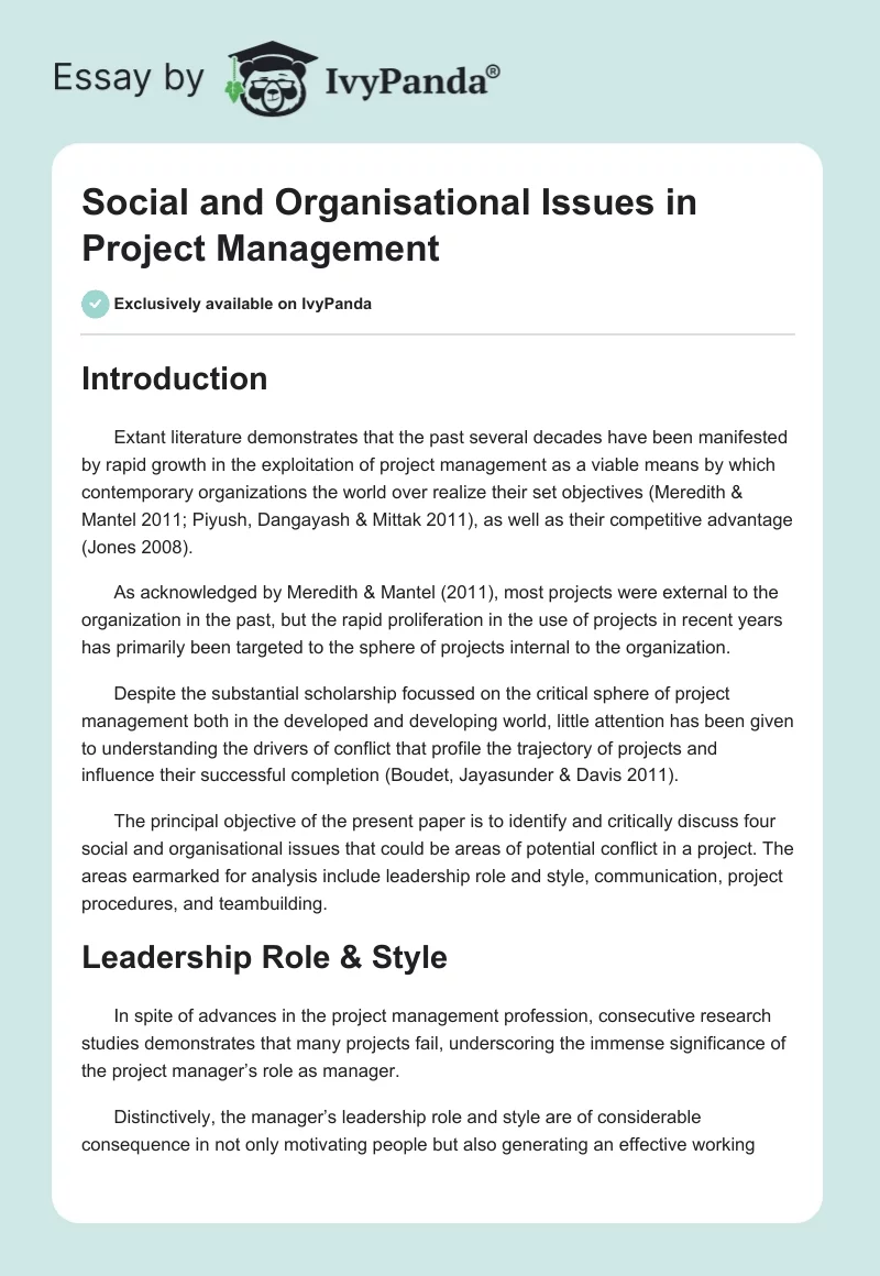 Social and Organisational Issues in Project Management. Page 1