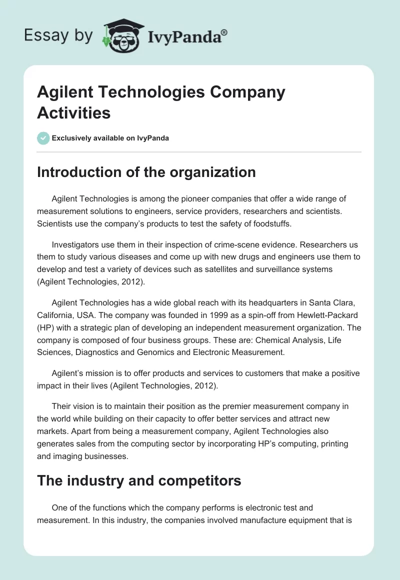 Agilent Technologies Company Activities. Page 1