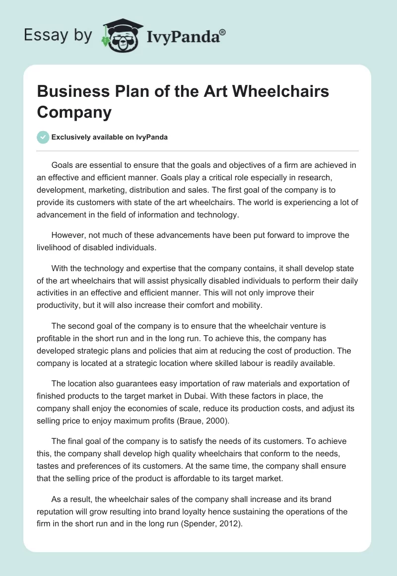Business Plan of the Art Wheelchairs Company. Page 1