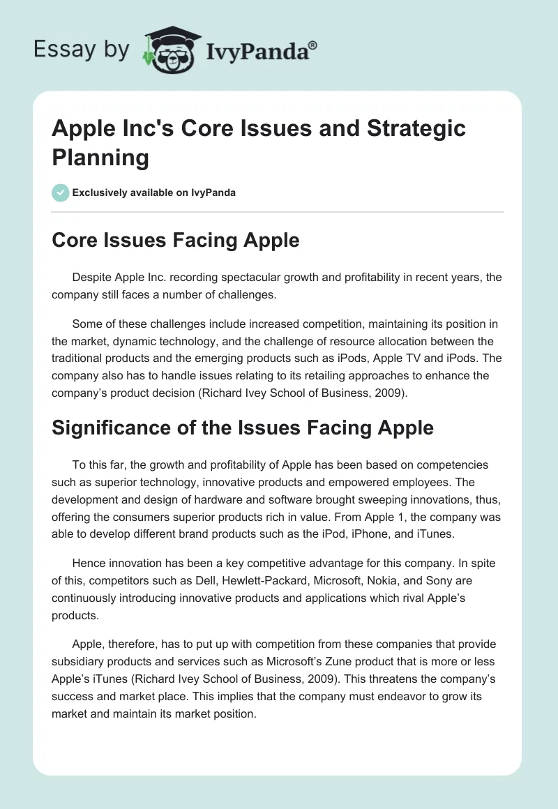 Apple Inc's Core Issues and Strategic Planning. Page 1