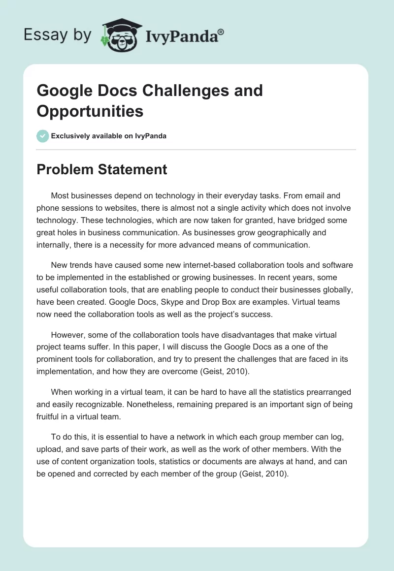 Google Docs Challenges and Opportunities. Page 1