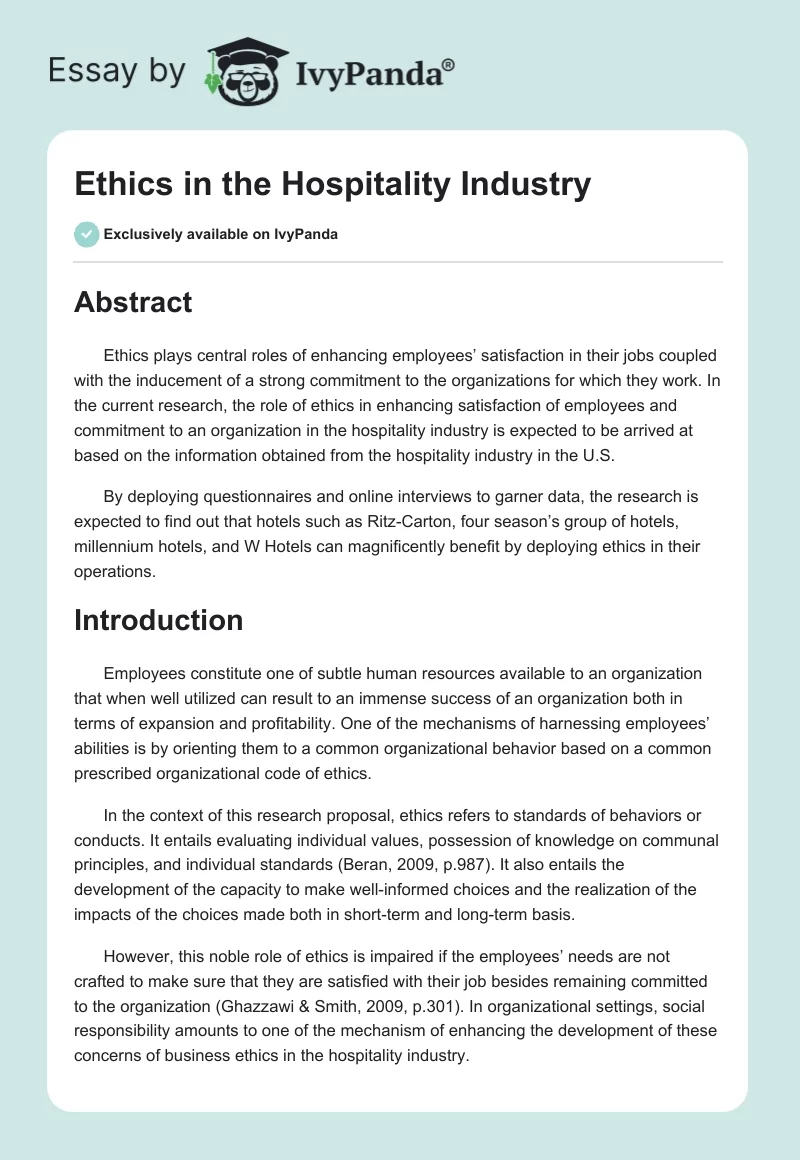 Ethics in the Hospitality Industry. Page 1