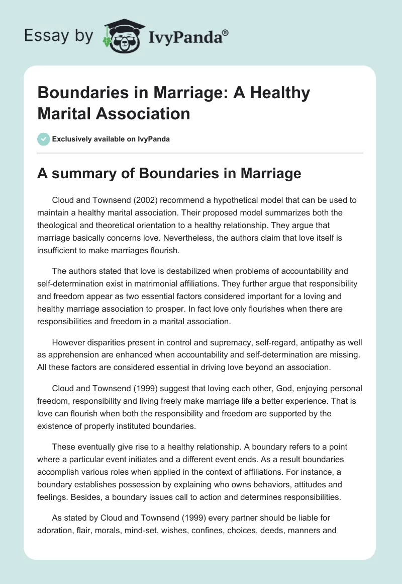Boundaries in Marriage: A Healthy Marital Association. Page 1