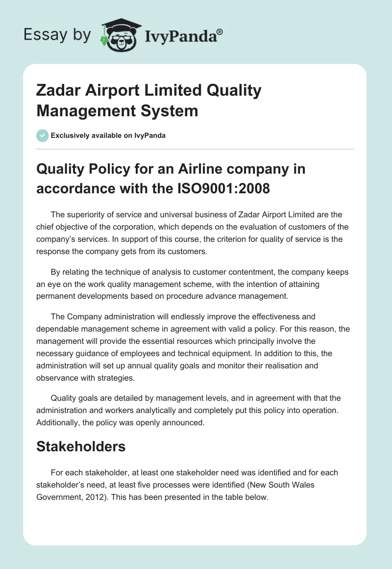 Zadar Airport Limited Quality Management System. Page 1