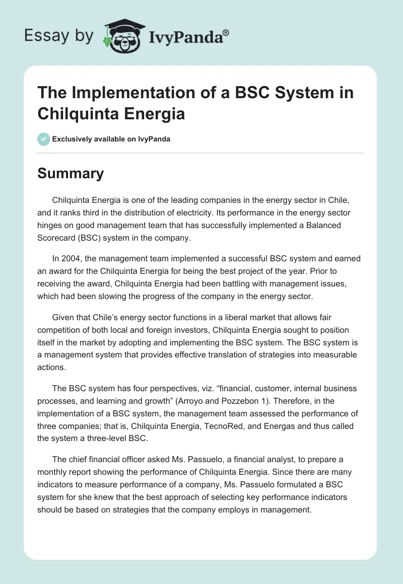 The Implementation of a BSC System in Chilquinta Energia. Page 1