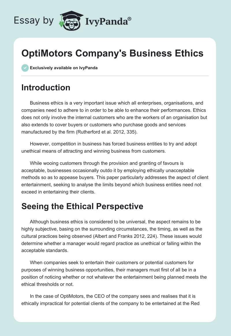 OptiMotors Company's Business Ethics. Page 1