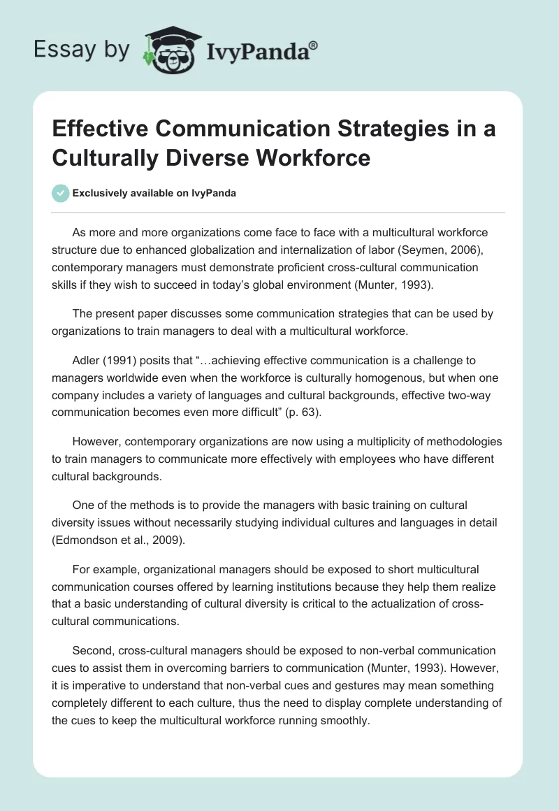 Effective Communication Strategies in a Culturally Diverse Workforce. Page 1