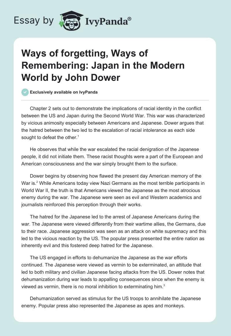 Ways of forgetting, Ways of Remembering: Japan in the Modern World by John Dower. Page 1
