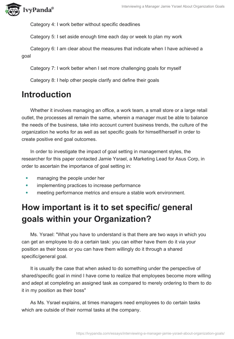 Interviewing a Manager Jamie Ysrael About Organization Goals. Page 3
