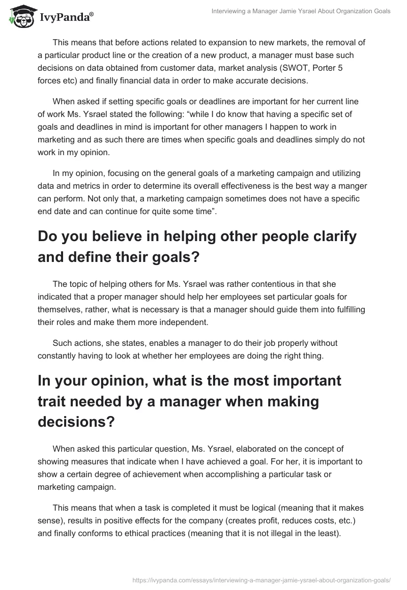 Interviewing a Manager Jamie Ysrael About Organization Goals. Page 5