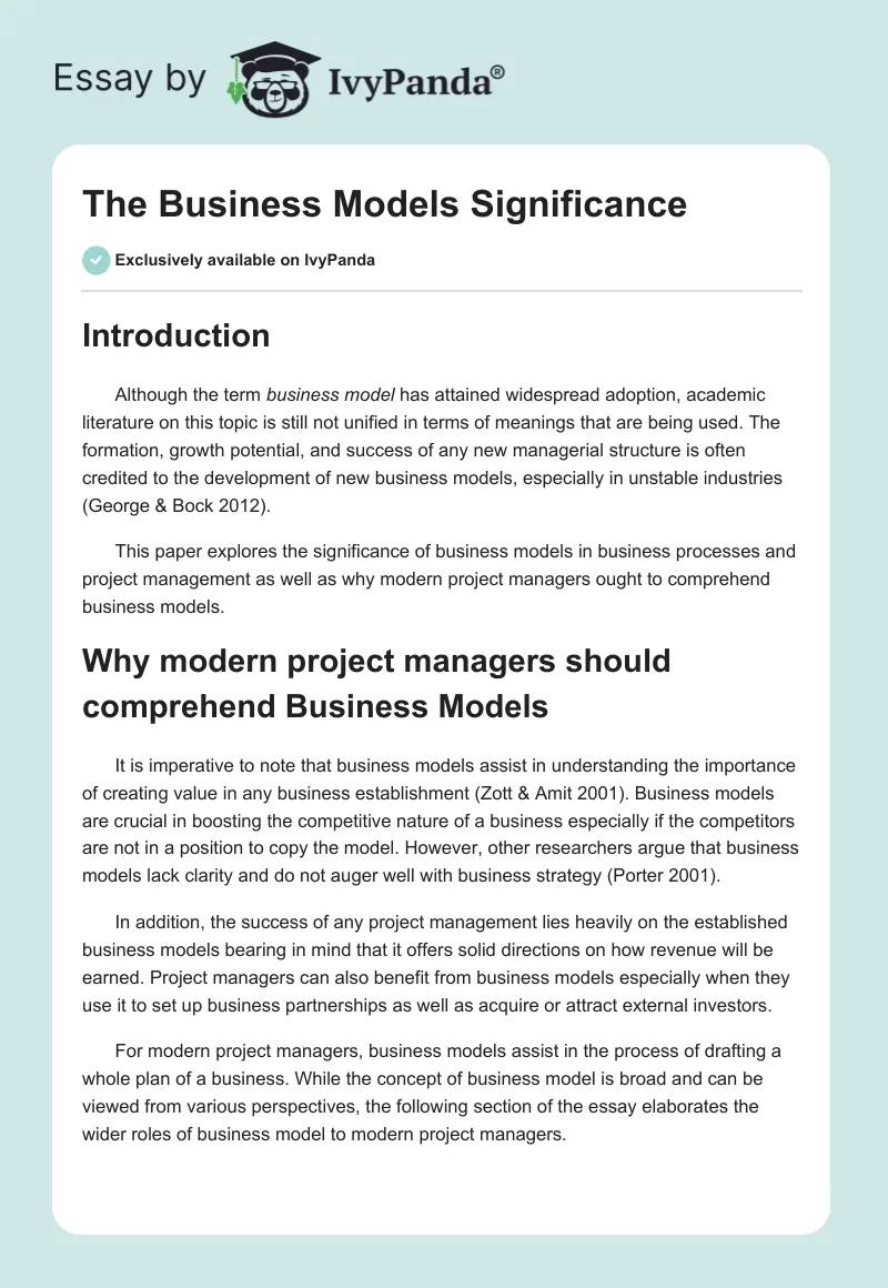 The Business Models Significance. Page 1