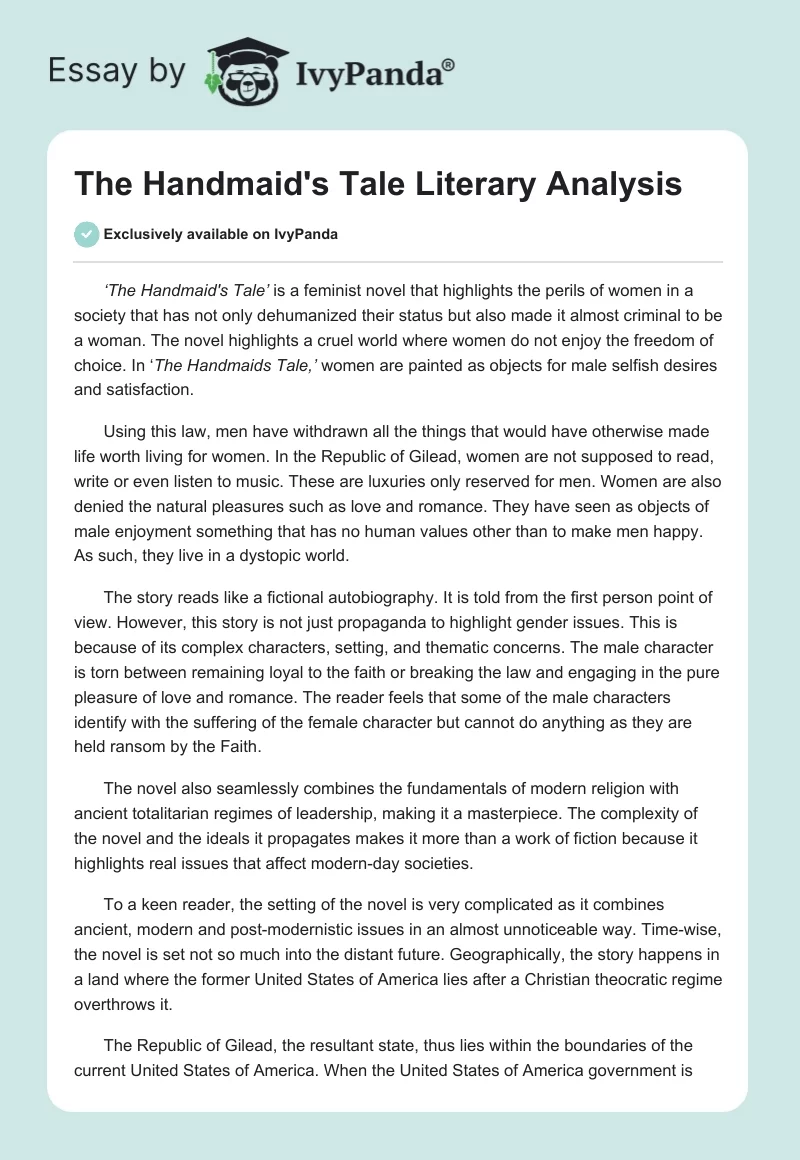 The Handmaid's Tale Literary Analysis. Page 1