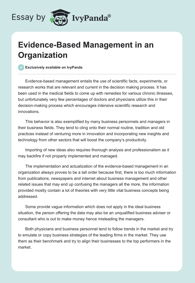 Evidence-Based Management in an Organization. Page 1
