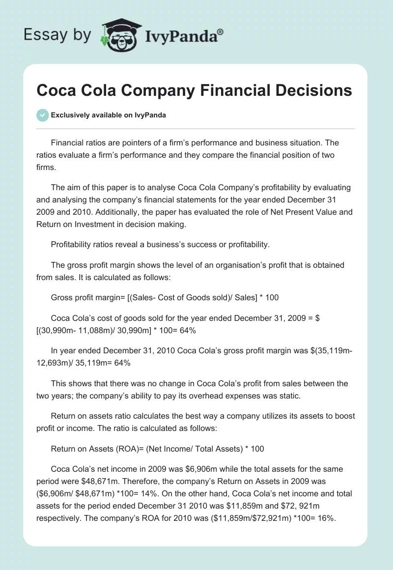 Coca Cola Company Financial Decisions. Page 1