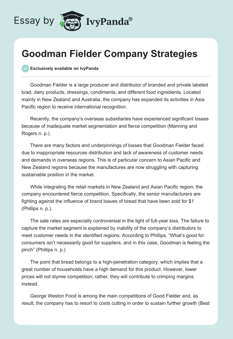 Goodman Fielder Company Strategies. Page 1