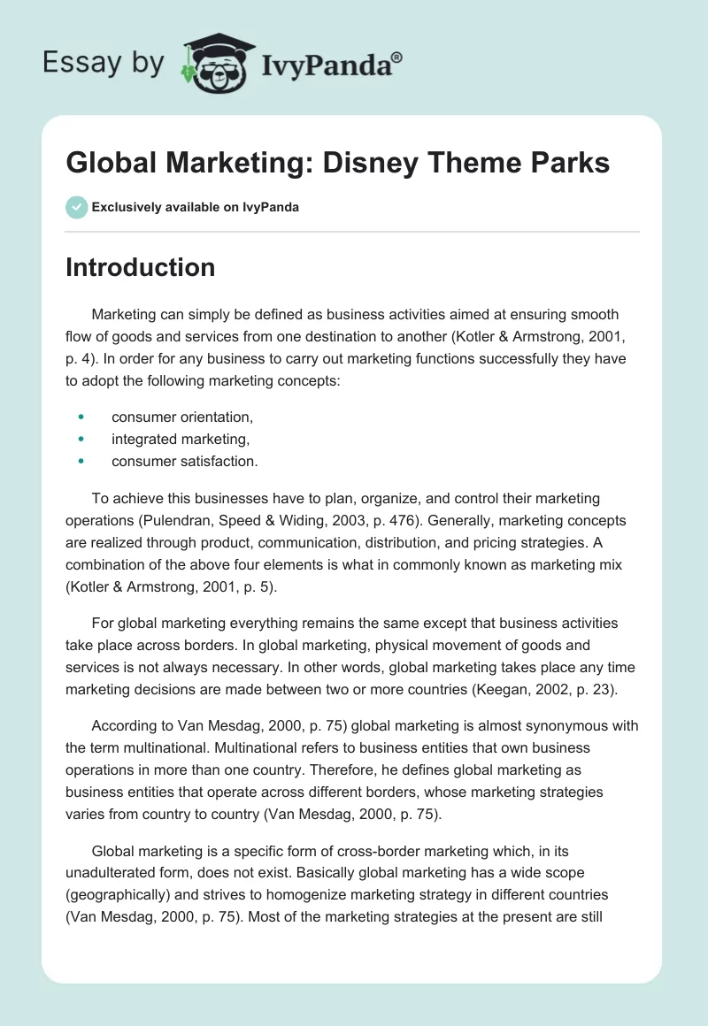 Global Marketing: Disney Theme Parks. Page 1