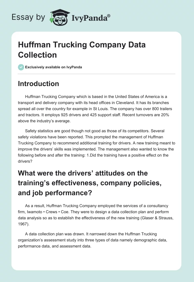 Huffman Trucking Company Data Collection. Page 1