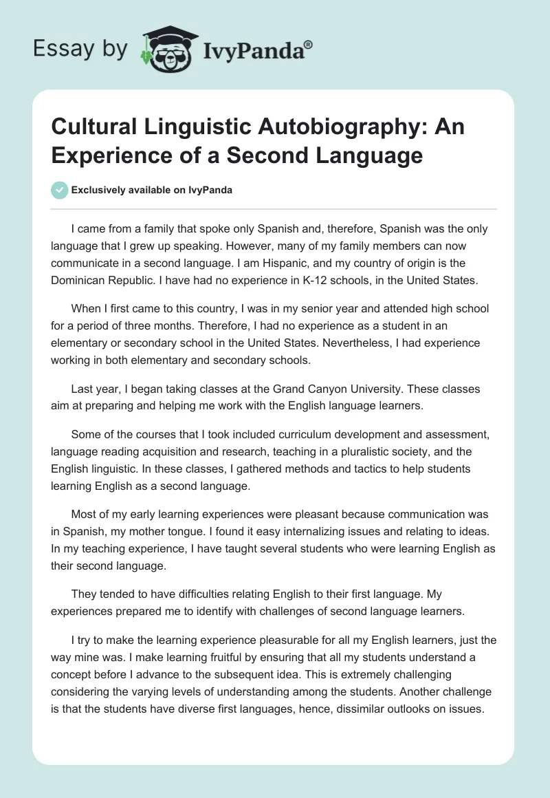 Cultural Linguistic Autobiography: An Experience of a Second Language. Page 1