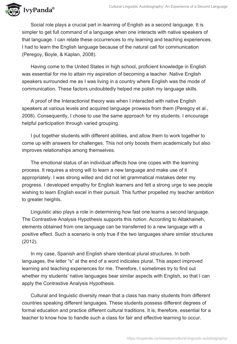 Cultural Linguistic Autobiography: An Experience of a Second Language. Page 2
