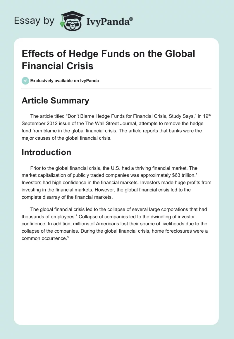 Effects of Hedge Funds on the Global Financial Crisis. Page 1