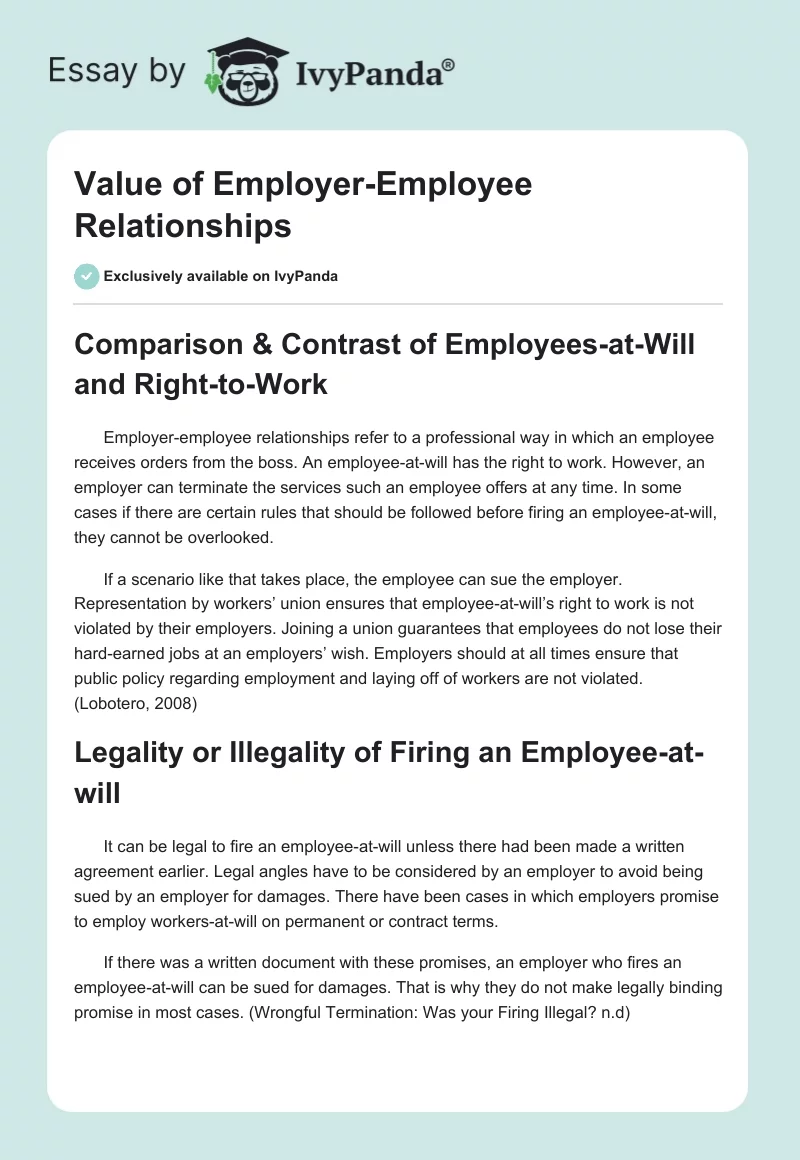 Value of Employer-Employee Relationships. Page 1