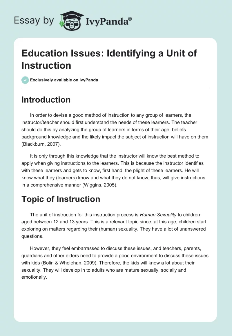 Education Issues: Identifying a Unit of Instruction. Page 1