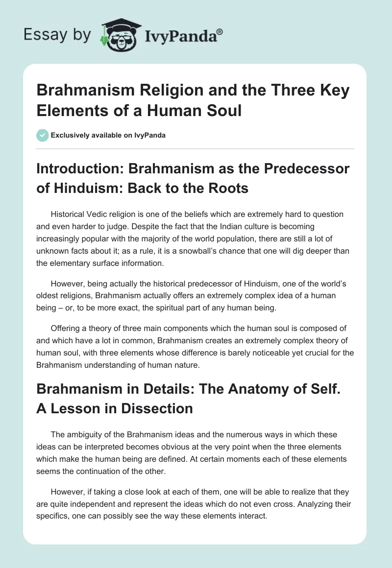 Brahmanism Religion and the Three Key Elements of a Human Soul. Page 1