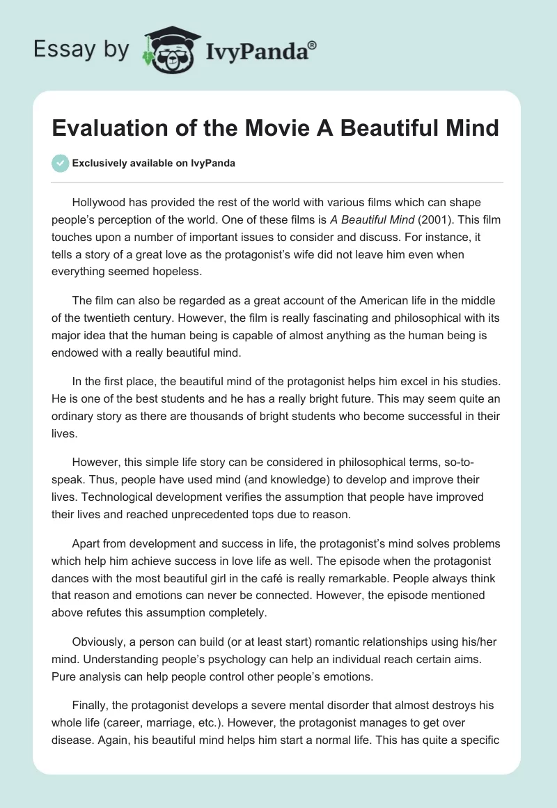 Evaluation of the Movie "A Beautiful Mind". Page 1