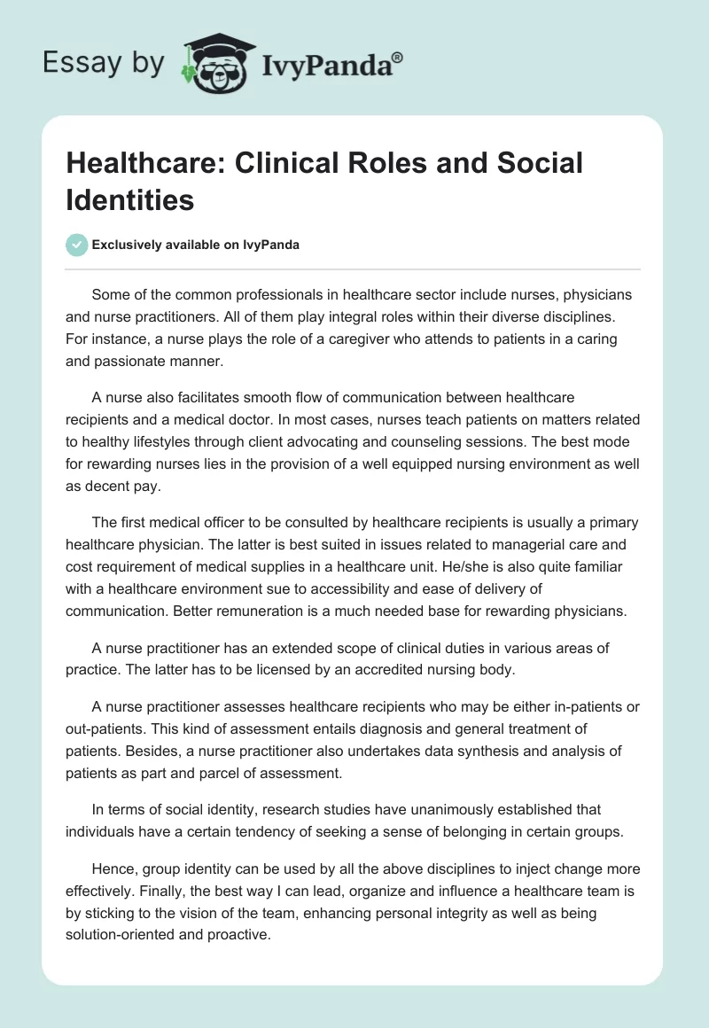 Healthcare: Clinical Roles and Social Identities. Page 1