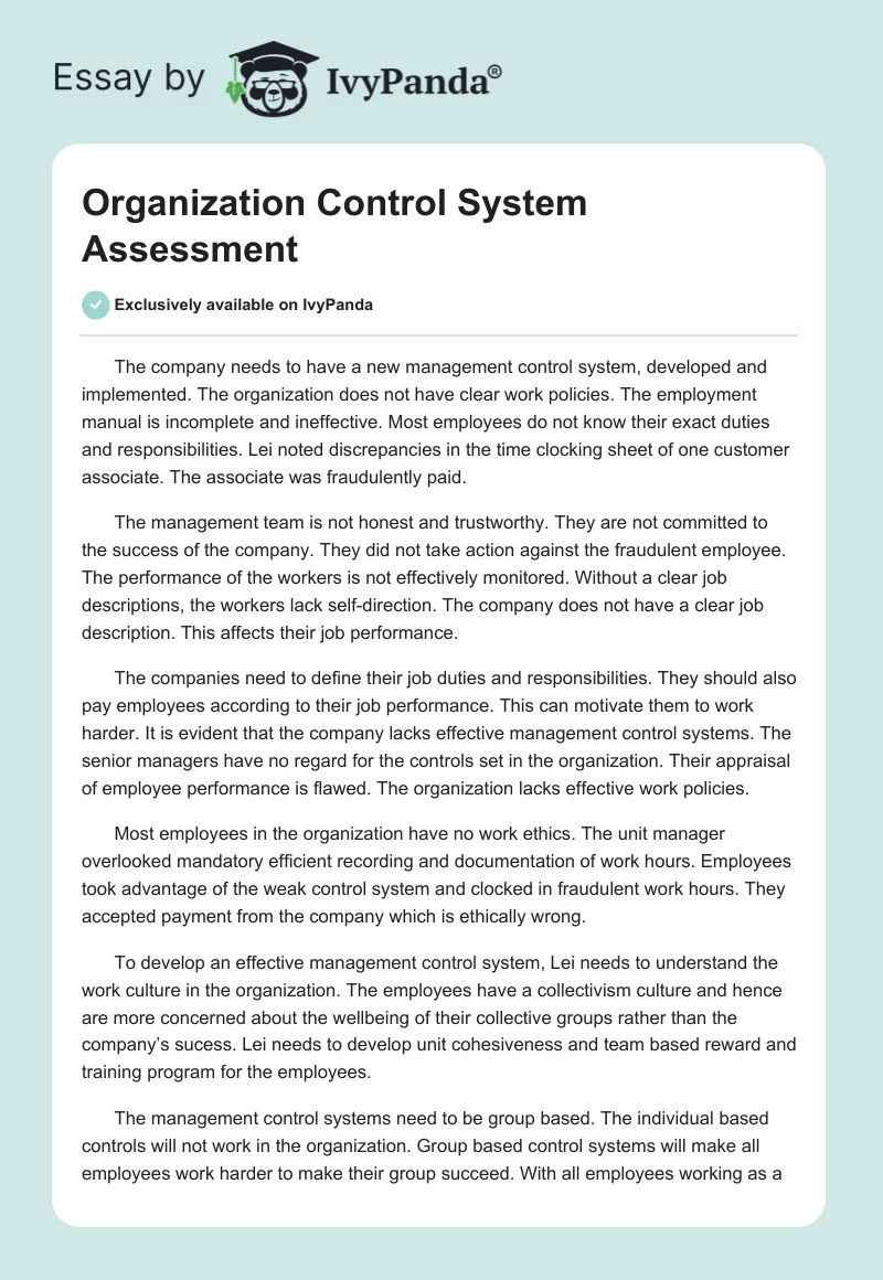 Organization Control System Assessment. Page 1