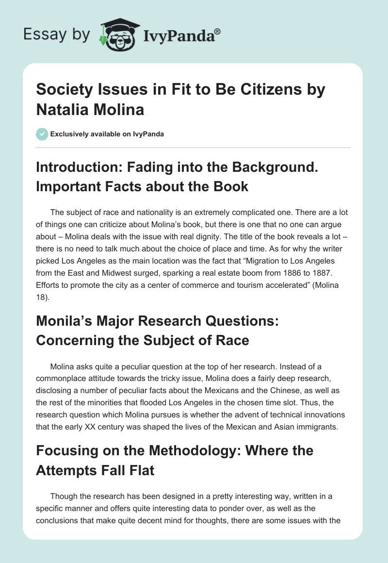 Society Issues in "Fit to Be Citizens" by Natalia Molina. Page 1