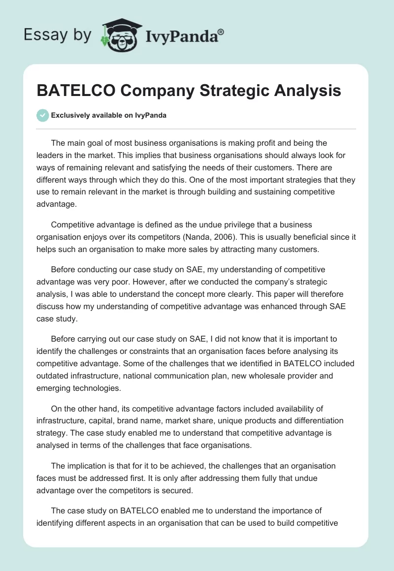 BATELCO Company Strategic Analysis. Page 1