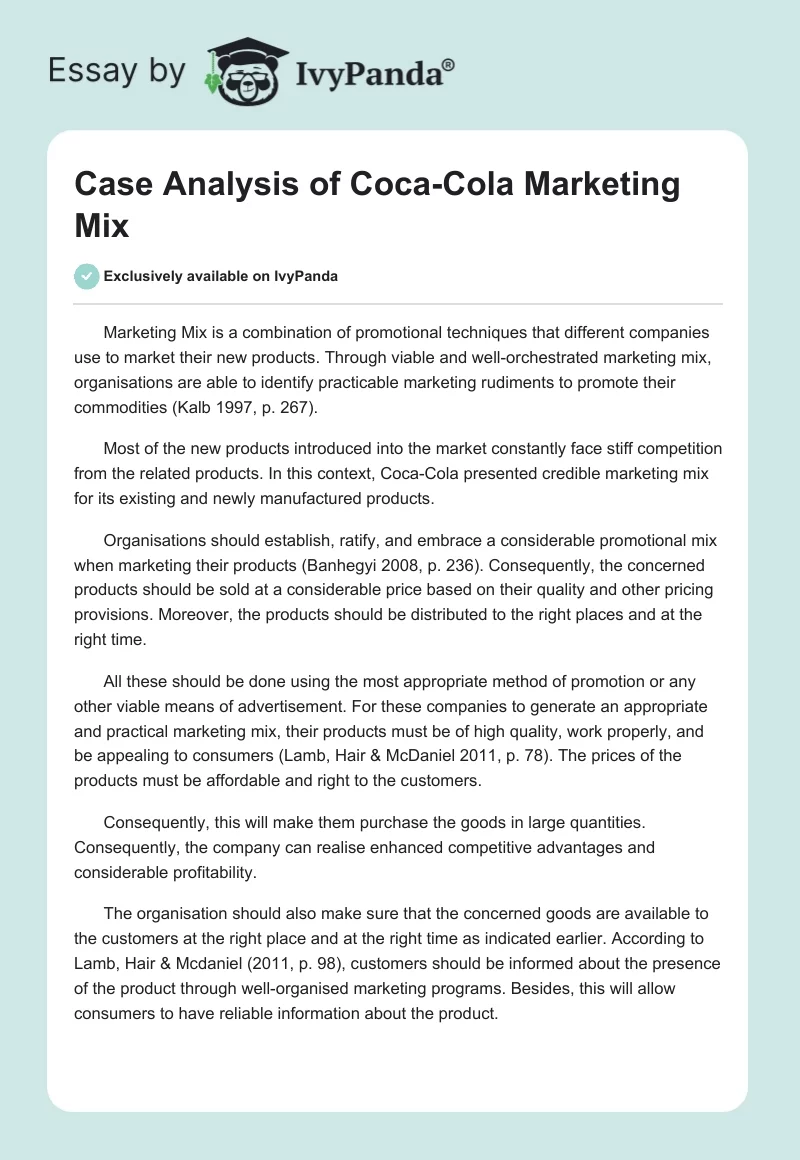 Case Analysis of Coca-Cola Marketing Mix. Page 1