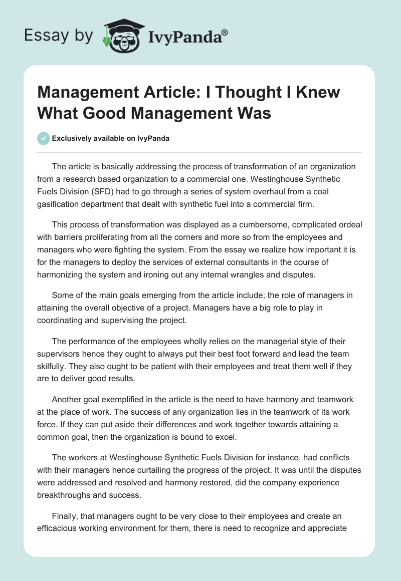 Management Article: I Thought I Knew What Good Management Was. Page 1