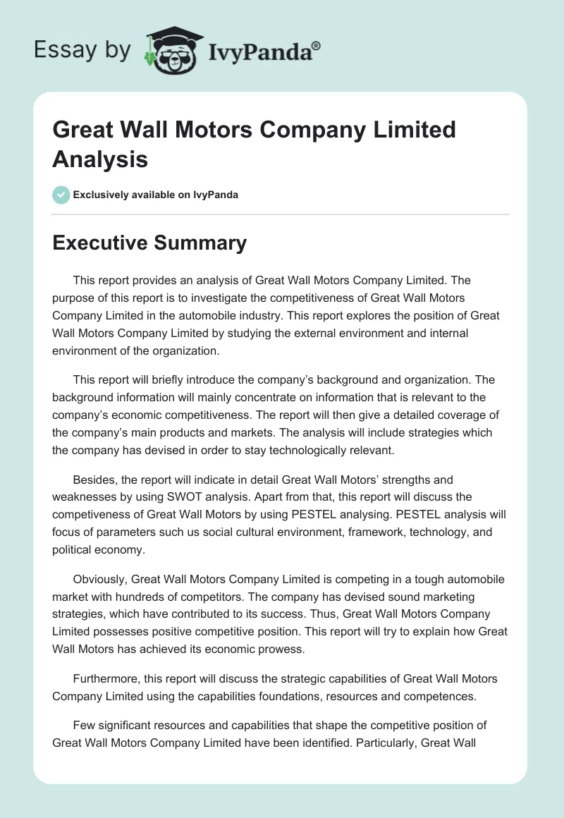 Great Wall Motors Company Limited Analysis. Page 1