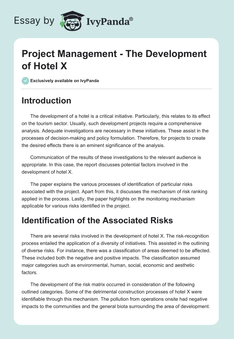 Project Management - The Development of Hotel X. Page 1