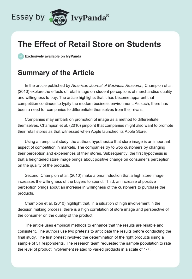 The Effect of Retail Store on Students. Page 1