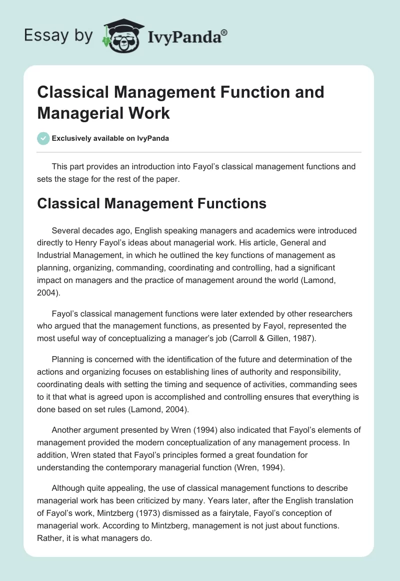 Classical Management Function and Managerial Work. Page 1