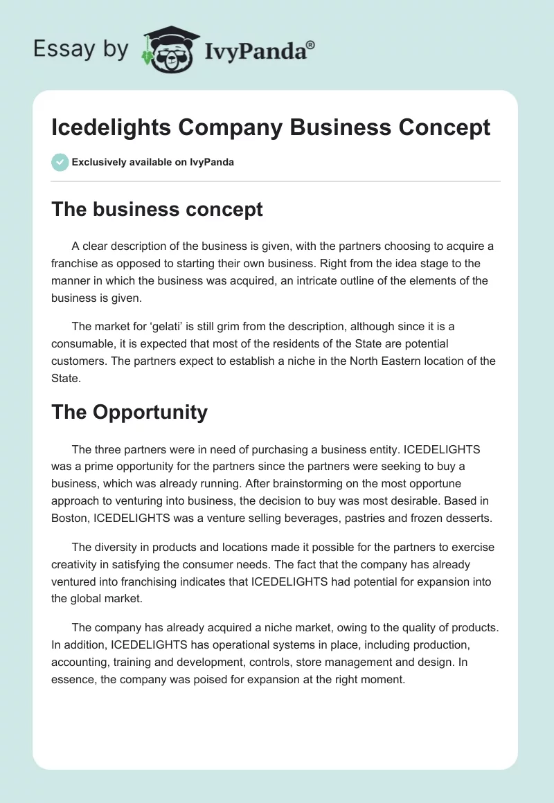 Icedelights Company Business Concept. Page 1